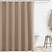 cheap Shower Curtains-Linen Feel Shower Curtain with 12 Hooks Beige Boho Farmhouse Shower Curtains for Bathroom Natural Cloth Cotton Fabric Liner
