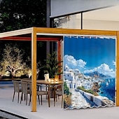 olcso Vízálló függönyök-Vízálló Kültéri Függöny Magánélet Tolóteraszos Függöny Pergola Függönyök Fülekkel 3D Táj Szentorini A Kerti Pavilonhoz Erkélyhez Porchhoz Partira 1 Panel