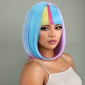 お買い得  カーニバルウィッグ-人工毛ウィッグ ストレート ナチュラルストレート レイヤード・ヘアカット ニートバング 機械製 かつら 12 インチ A1 合成 女性用 ソフト クラシック カラーグラデーション 多色