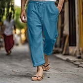 cheap Holiday-Men&#039;s Linen Pants Trousers Summer Pants Beach Pants Pocket Drawstring Elastic Waist Plain Comfort Breathable Vacation Daily Holiday Hawaiian Boho Dark Brown Lake blue