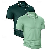 お買い得  メンズ クラシックポロ-マルチパック 2個 男性用 ラペル 半袖 緑+白 ボタンアップポロ ゴルフシャツ ゴルフポロシャツ ボタン 平織り バケーション デイリーウェア ポリエステル 夏