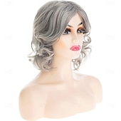 baratos peruca mais velha-Peruca curta cinza bob para mulheres, comprimento até os ombros, natural, ondulada, sintética, resistente ao calor, para festa diária