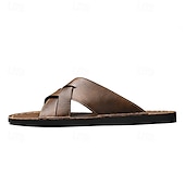 billige Ferietøfler-brune sandaler i imitert skinn med kryssrem – uformelle slip-on sandaler med slitesterk såle, perfekt for hverdagskomfort, ferie og utendørseventyr
