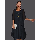 abordables Avec veste-Robe à deux pièces A-ligne pour la mère de la mariée à la plage invitée de mariage élégant col arrondi longueur genou chiffon dentelle sans manches vestes avec plis et appliqués 2025 taille