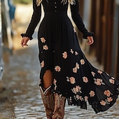 abordables Robes Bohémiennes-Femmes Robe Midi Robe bohème Robe Imprimée Robe occidentale Mode Extérieur Vacances Week-end Coupe régulière Uni manche longue Col en V Noir Été