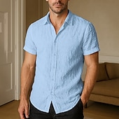 cheap Home-Men&#039;s Cotton Linen Shirt Plain Vacation Daily Wear White Dark Navy Blue Beige Short Sleeve Lapel Spring &amp; Summer Clothing Apparel