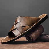 billige Ferietøfler-brune sandaler i imitert skinn med kryssrem – uformelle slip-on sandaler med slitesterk såle, perfekt for hverdagskomfort, ferie og utendørseventyr