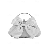 cheap Clutches &amp; Evening Bags-Women&#039;s Satin Bow Evening Clutch Bag – Elegant Pearl Frame Handle Purse for Brides, Weddings, Cocktail Parties and Formal Events Silver Black White
