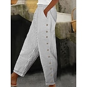 abordables Pantalón de lino y algodón con gráficos-Mujer Pantalones de lino y algodón Básico Casual Longitud total Alta cintura A Rayas Bolsillo Cintura elástica Estampado Confortable Al Aire Libre Cómodo Calle Ropa Cotidiana Noche Negro Rosa Azul