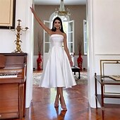 cheap Little White Dresses-Hall Royal Style Little White Dresses Wedding Dresses A-Line Off Shoulder Sleeveless Tea Length Satin Bridal Gowns With Solid Color