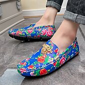 preiswerte Herrenpantoletten &amp; -slipper-Blaue Slipper für Herren mit Blumenmuster und Löwenkopf-Dekoration, stylische Mokassins, ideal für Freizeitausflüge, als Freizeitkleidung und für erholsame Ferien