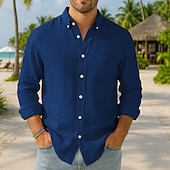 preiswerte Urlaub-Herren Baumwoll-Leinen-Hemd Einfarbig Urlaub Schwarz Weiß Rosa Dunkelmarine Langarm Revers Bekleidung Button-Down