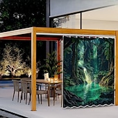 olcso Vízálló függönyök-Vízálló Kültéri Függöny Magánélet Csúszó Terasz Függöny Drape Pergola Függöny Grommet 3D Tájkép Zöld Barlang A Pavilonhoz Erkélyhez Tornácra Bulira 1 Panel