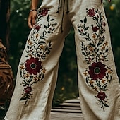 billige Grafisk linbukse i bomull-Dame Bukser Fritid Bohem Full lengde Naturlig Blomsternål i krystall Lomme Elastisk midje Printer comfy Utendørs Bekvem Dagligdagstøy Ut på byen Beige Sommer Normal