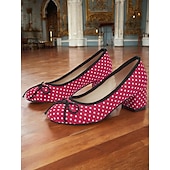 preiswerte 1950er Jahre-Rote Damen-Blockabsätze mit Punkten – Vintage-Pumps mit Schleife für Retro-Partys, Tanz und Outfits im Stil der 50er