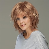 cheap Older Wigs-Womens Light Brown Short Wig with Bangs Layered Natural Fluffy Hair Wig for Daily Party Use