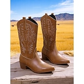 levne Cowboy &amp; Western Boots-Dámské hnědé kovbojské boty v bohémském westernovém stylu – klasické prošívání s blokovým podpatkem pro hudební festivaly, běžné nošení a outdoorové nošení