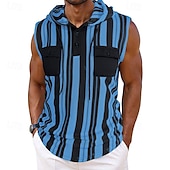 billiga Gym-toppar-Herr Linne Undertröjor Ärmlös tröja Ärmlös Huva Sommar Randig Mode Designer Grundläggande Ficka Semester Gata Utekväll Svart Blå Mörkblå Topp t-shirt för män