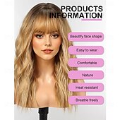 お買い得  トレンドの合成ウィッグ-フリンジ付きロングウィッグ、女性用合成ウェーブウィッグ、ライトブロンドのハイライトカラー