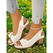 cheap Casual Sandals-Women’s Floral Cutout Slingback Sandals – Comfortable Chunky Heel Summer Sandals for Casual &amp; Garden Party Wear