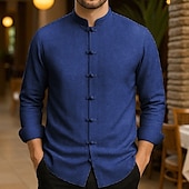 economico Casual da lavoro-Per uomo Camicia in cotone e lino Colore Solido / Tinta Unita Vacanza Nero Bianco Verde chiaro Rosa Manica Lunga Nonno Abbigliamento