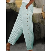 abordables Pantalón de lino y algodón con gráficos-Mujer Pantalones de lino y algodón Básico Casual Longitud total Alta cintura A Rayas Bolsillo Cintura elástica Estampado Confortable Al Aire Libre Cómodo Calle Ropa Cotidiana Noche Negro Rosa Azul