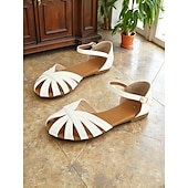 abordables Sandales de Vacances-Sandales plates blanches à bout ouvert pour femmes – Chaussures d&#039;été rétro des années 1950 pour les rendez-vous décontractés, les vacances à la plage et les garden-parties