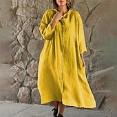 preiswerte Kleider-Damen Midikleid Baumwoll-Leinen-Kleider Freizeitkleid Mode Outdoor Party Ferien Normale Passform Einfach Dreiviertelarm V Ausschnitt Weiß Gelb Grau Sommer