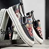 cheap Slip-On Casual Shoes-Men's Black and Red Slip-On Walking Shoes with Tribal Pattern – Comfortable and Stylish Sneakers for Casual and Outdoor Activities