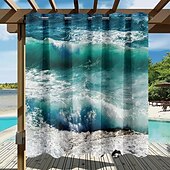 olcso Vízálló függönyök-Vízálló Kültéri Függöny Magánélet Csúszó Terasz Függöny Pergola Függöny Öltögetett 3D Óceáni Hullám Tájkép Pavilonhoz Erkélyhez Verandához Bulira 1 Panel