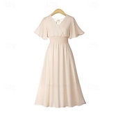 voordelige Chiffon Jurken-Dames Halflange jurk Cocktail jurk Bruiloft gast jurk Chiffon jurk Modieus Modern Vakantie Teaparty Weekend Normale pasvorm Effen Korte mouw V-hals Zwart Wit Blozend Roze Abrikoos Zomer