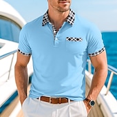 preiswerte Herren Klassisches Polo-Herren Poloshirt aus Baumwollmischung Golfshirt Lässig Ferien Revers Kurzarm Mode Basic Hahnentrittmuster Karo Patchwork Tasche Sommer Normale Passform Weiß Orange Khaki Dunkelgray Leicht Blau