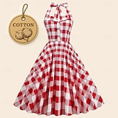 halpa Mekot-naisten 1950-luvun audrey hepburn riimu keinu mekko 100 % puuvillaa flare mekko retro vintage gingham check päivittäiset vaatteet teekutsut rento päivittäinen hihaton istuvuus&amp;amp; soihduttava mekko