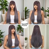 abordables Perruques Synthétiques Sans Bonnet-Perruque Synthétique Lisse Droit crépu Coupe dégradée Frange Droite Fabriqué à la Machine Perruque 28 pouces A1 Cheveux synthétiques Femmes Fête Classique Confortable Gris