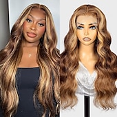 economico Parrucche lace front capelli veri-Parrucca in pizzo trasparente con meches 13x4 p4/27, parrucca in capelli umani con onda del corpo, densità 150%