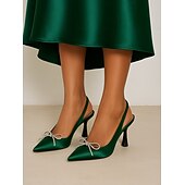 economico cocktail-Scarpe con tacco a spillo in raso verde da donna con cinturino posteriore e fiocco di cristallo: tacchi a gattino sofisticati per cocktail party e occasioni festive