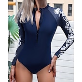 preiswerte Hautausschlagswächter-Damen Anti UV Shirt Badeanzug Bademode UV-Sonnenschutz UPF50+ Leicht Langarm Spandex Bademode Badeanzug Frontreißverschluss Schwimmen Surfen Strand Wassersport Bemalt Streifen Patchwork Sommer