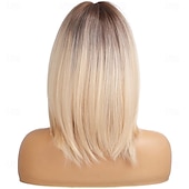 voordelige oudere pruik-blonde pruiken voor vrouwen schouderlang gelaagd haar met donkere wortels synthetische korte pruik met pony voor dagelijks gebruik of cosplay