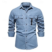 preiswerte Freizeithemden für Herren-Herren Hemd Sommerhemd Freizeithemd Strandhemd Knopfhemd Schwarz Dunkelblau Leicht Blau Langarm Einfach Revers Urlaub Hawaiianisch Tasche Bekleidung 100% Baumwolle Mode Lässig Bequem
