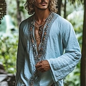 preiswerte Straße-Herren Hemd leinenhemd Popover-Hemd Sommerhemd Strandbekleidung Einfach Urlaub Ferien Himmelblau Langarm Tiefer V-Ausschnitt Sommer Frühling Bekleidung Ethnisch &amp; Religiös