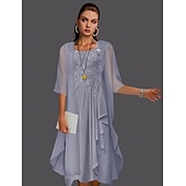 abordables Avec veste-Robe à deux pièces A-ligne pour la mère de la mariée à la plage invitée de mariage élégant col arrondi longueur genou chiffon dentelle sans manches vestes avec plis et appliqués 2025 taille