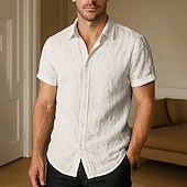 cheap Home-Men&#039;s Cotton Linen Shirt Plain Vacation Daily Wear White Dark Navy Blue Beige Short Sleeve Lapel Spring &amp; Summer Clothing Apparel