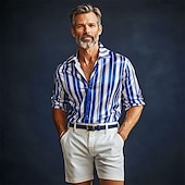 preiswerte Satinhemden für Herren-Herren Hemd Satinhemd Gestreiftes Hemd Freizeithemd Knopfhemd Vertikale Streifen Hochzeit Urlaub Blau Langarm Kragen Frühling &amp; Herbst Bekleidung