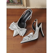 cheap 1950s-Women&#039;s 1950s Style Metallic Green Bow Heels – Elegant Pointed Toe Slingback Stilettos for Party, Prom &amp; Vintage Glam Looks