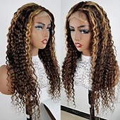 baratos Perucas de seda frontais de cabelo natural-Peruca de renda cor piano 4x4 alta com destaque p4/27, peruca de renda com ondas profundas, densidade de 150%, cabelo humano