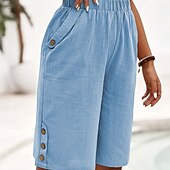 cheap Cotton Linen Shorts-Women&#039;s Cotton Linen Shorts Shorts Crop Streetwear Casual Knee Length Natural Plain Pocket Elastic Waist Outdoor Comfortable Outdoor Going out Light Sky Blue Black White Dark navy Summer Regular Fit