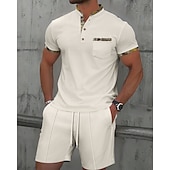 cheap Men&#039;s Tee Sets-Men&#039;s Waffle Shirt T-shirt Suits 2 Pieces Outfits Tee &amp; Shorts Short Sleeve Standing Collar Summer Color Block Fashion Casual 2 Piece Front Pocket Vacation Daily Wear Going out Black White Royal Blue
