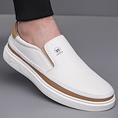 baratos Ténis para Homem-Tênis masculinos slip-on brancos com detalhes em PU – calçados leves e modernos para streetwear, viagens e trajes casuais