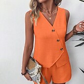 levne Dámské halenky-Dámské Šik ven Denní Halenka Soupravy šortek Bez rukávů Do V Pevná barva Dubbele Rij Knopen Venkovní Dovolená Světle zelená Tmavě námořnická Oranžová Léto Běžný