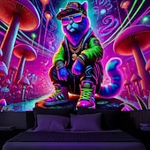 abordables Tapisseries à la lumière noire-Tenture lumineuse sous lumière noire glow in the dark fête luminescente réactive aux UV motif de chat de rue paysage naturel brumeux trippant œuvre d&#039;art murale pour salon chambre